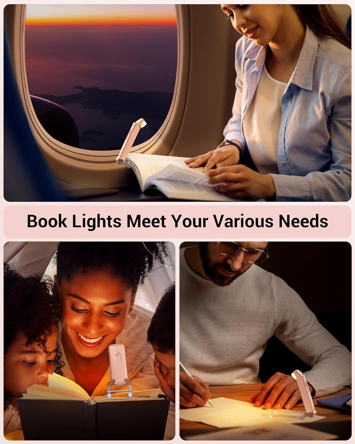 USB Rechargeable Book Light for Reading in Bed, Clip-On LED Reading Lamps Portable Bookmark Lights for Kids, Book Lovers, 4 Brightness Adjustable for Eye Protection (Light Pink)