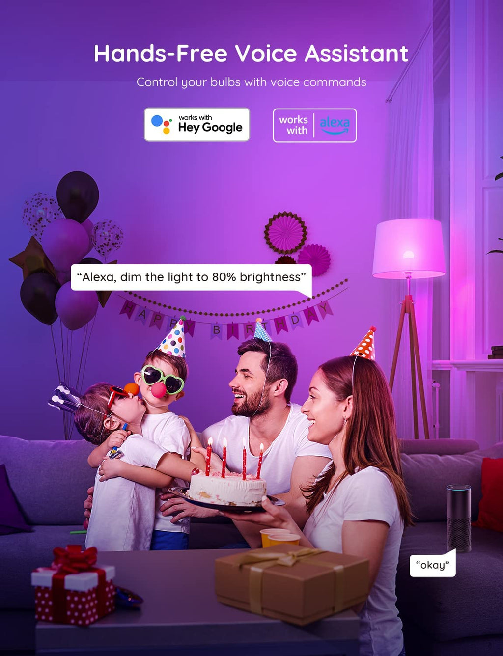 Smart Light Bulbs - Dimmable RGBWW Color Changing, Compatible with Alexa & Google Assistant, No Hub Required, 9W 60W Equivalent A19 LED for Bedroom Living Room (4 Pack)