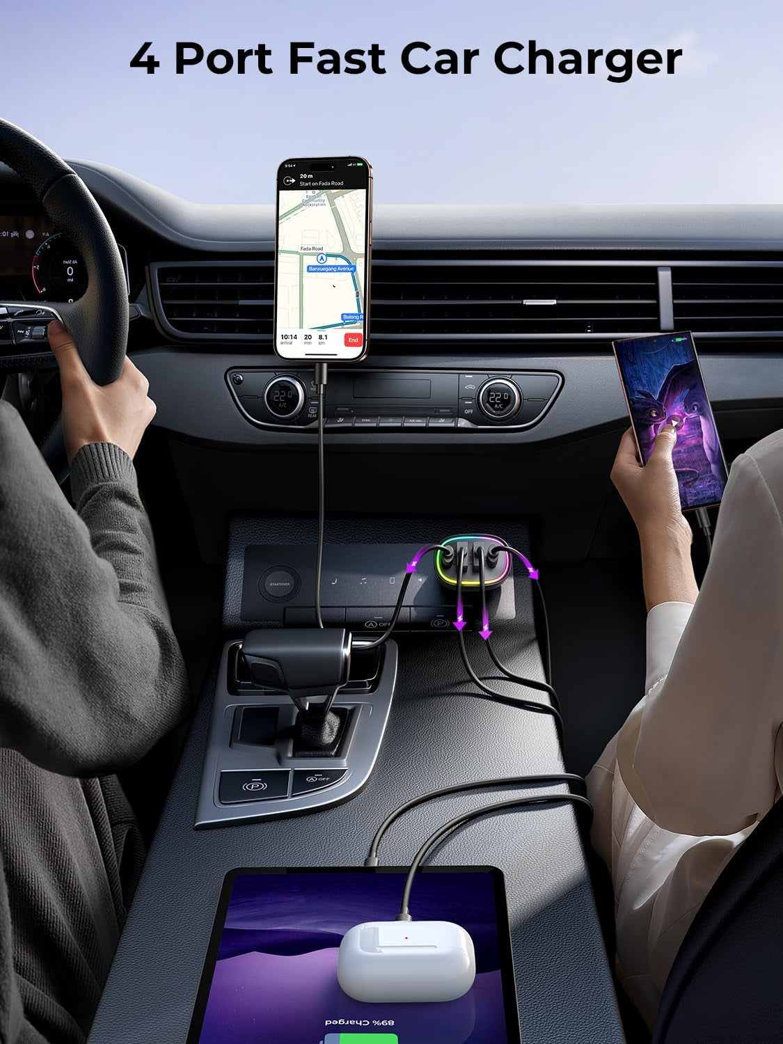 Car Charger USB C, 4-Port 90W Super Fast Charging for Iphone 17 Car Adapter, Dual PD 45W Type C & QC 3.0 USB a Multiport Cigarette Lighter for Iphone 17 16 15 14 13 12 Pro, Ipad, Samsung S25, Android