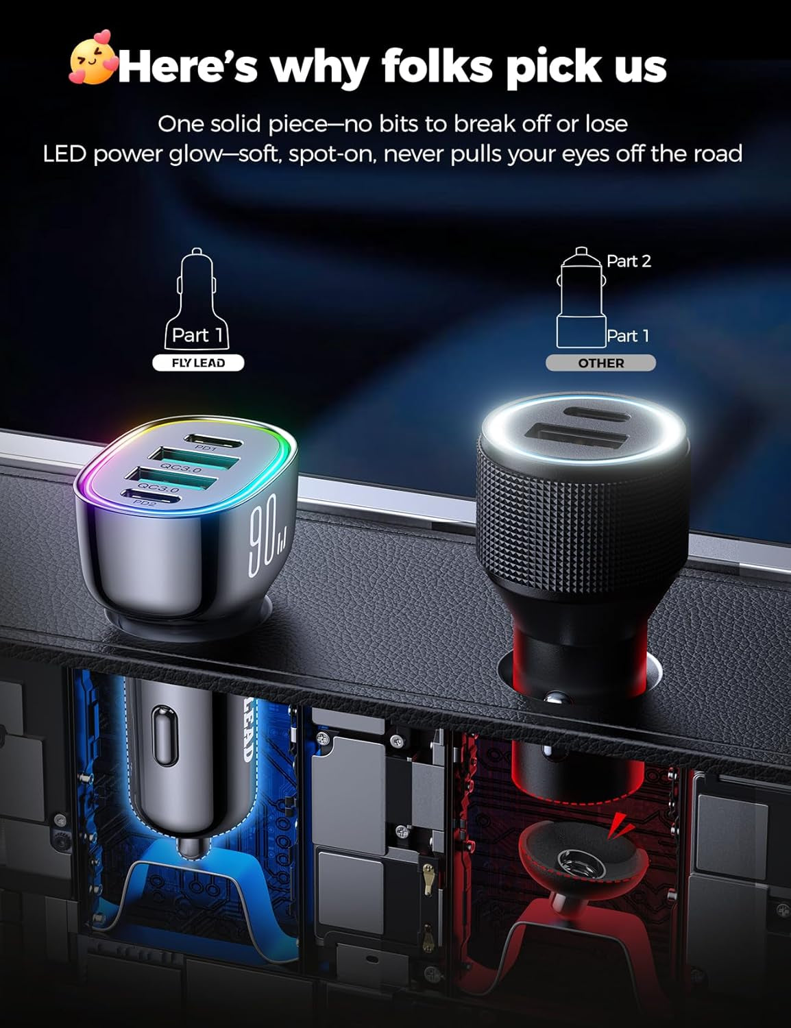 Car Charger USB C, 4-Port 90W Super Fast Charging for Iphone 17 Car Adapter, Dual PD 45W Type C & QC 3.0 USB a Multiport Cigarette Lighter for Iphone 17 16 15 14 13 12 Pro, Ipad, Samsung S25, Android